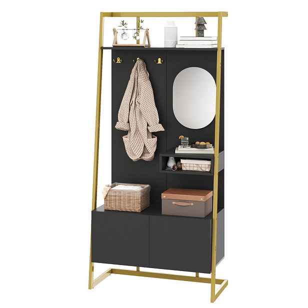 EVRYAE ŠATNÍ SKŘÍŇ Předsíňová stěna, zrcadlo, botník, kovový rám, All-in-One, úložný prostor, Soft-Close