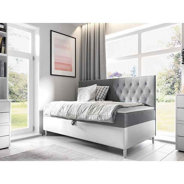 Boxspringová jednolůžková postel 100x200 PORFIRO 2 - bílá ekokůže / šedá + topper ZDARMA
