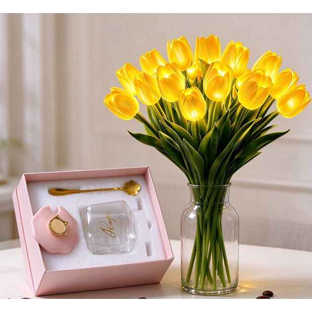 Noční lampa Led tulipány skleněný hrnek s víčkem dárková sada pro