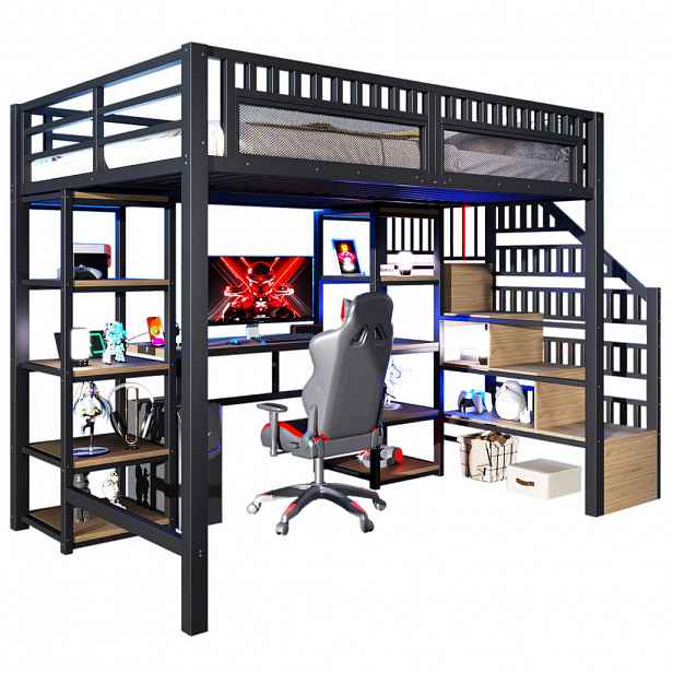 OKWISH VYSOKÁ postel 140/200 cm černá s psacím stolem a LED osvětlením z kovu a MDF