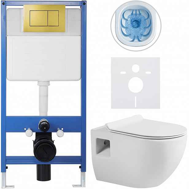 Kompletní WC set Profi/Dure - bílá lesklá - WC tlačítko Classic/Zlatá - předstěnová instalace - 51x35 cm