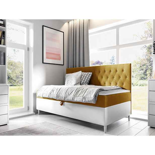 Boxspringová jednolůžková postel 100x200 PORFIRO 2 - bílá ekokůže / žlutá + topper ZDARMA