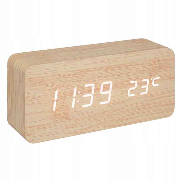 Dřevěný budík Gamiel, teploměr, alarm, 15 x 4 x 7 cm