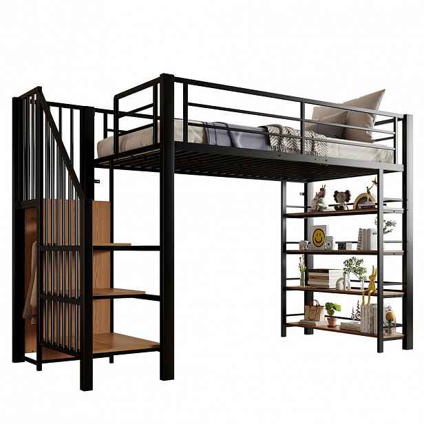 OKWISH VYSOKÁ postel 90/200 cm černá/bílá se schody a úložným prostorem z kovu a MDF