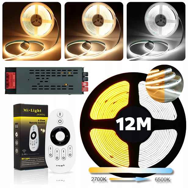 Set Teplo-studená Led páska Cob Cct 3000-6500K 24V 14W/m, kontinuální vedení 12 m