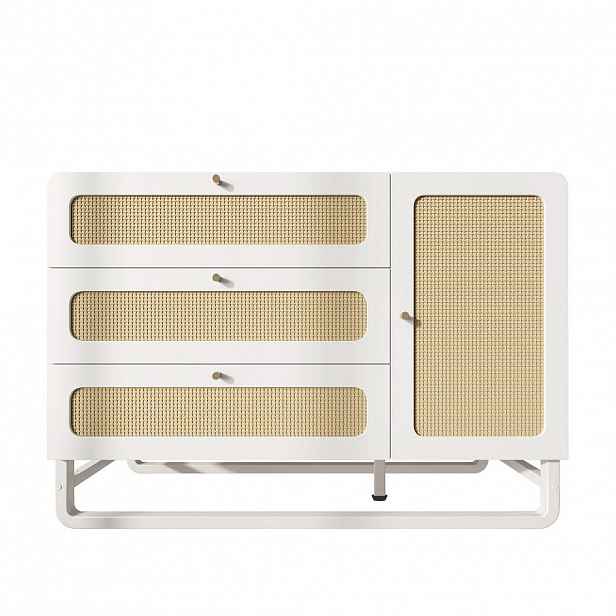 Urban Meuble KOMODA 120 cm v bílé a ratanovém vzhledu Sideboard se 3 zásuvkami