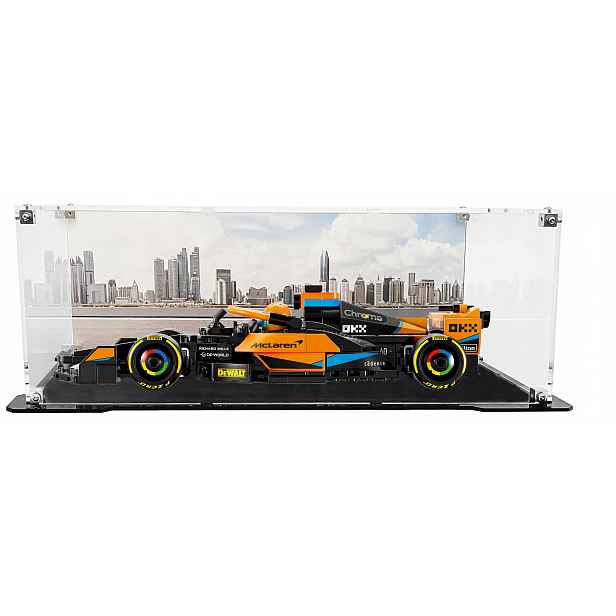 Vitrína s černou základnou a pozadím pro stavebnici Lego 76919 McLaren Formule 1