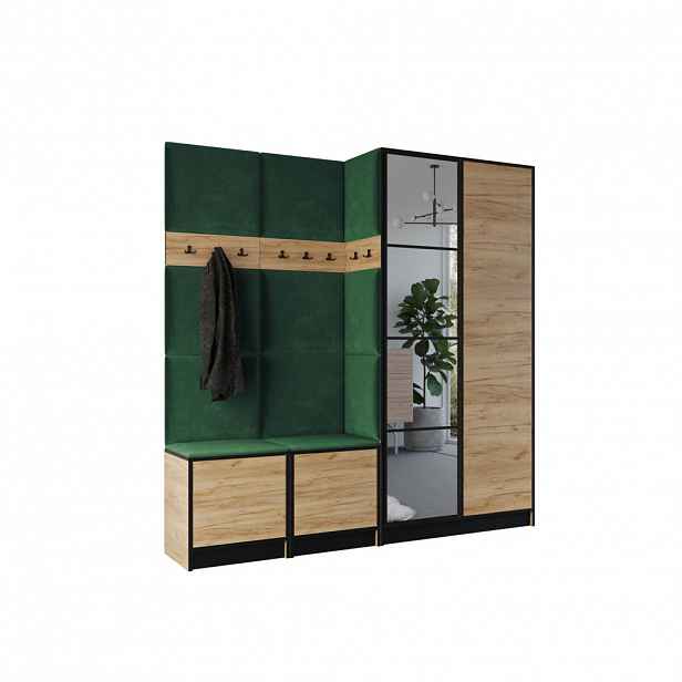 Kier Furniture ŠATNÍ SKŘÍŇ do předsíně EDEN 21 se zrcadlem - Dub Craft & zelená látka