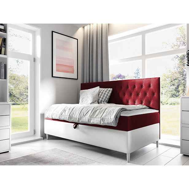 Boxspringová jednolůžková postel 100x200 PORFIRO 2 - bílá ekokůže / červená + topper ZDARMA