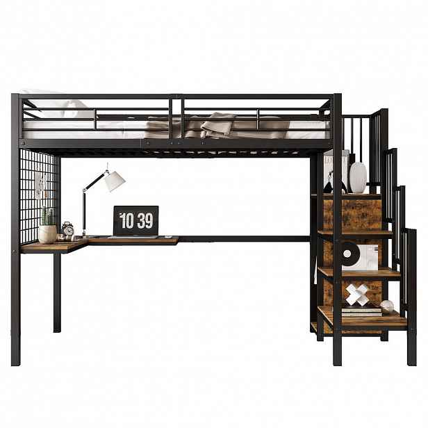 CHICFURN VYVÝŠENÁ POSTEL 90/200 cm v černé a tmavě ořechové barvě se skříní a stolem