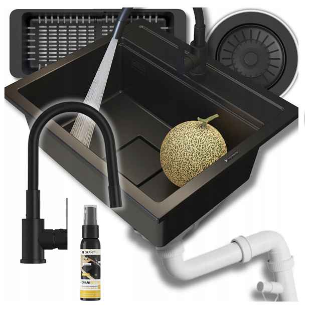 Kuchyňský granitový dřez jednokomorový Stone L Set, baterie, sifon