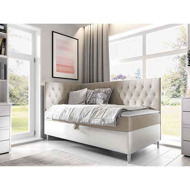 Boxspringová jednolůžková postel 100x200 PORFIRO 3 - bílá ekokůže / béžová, levé provedení + topper ZDARMA