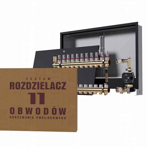 Rozdělovač pro podlahu 11 okruhů se skupinou Grundfos podomítkový černý