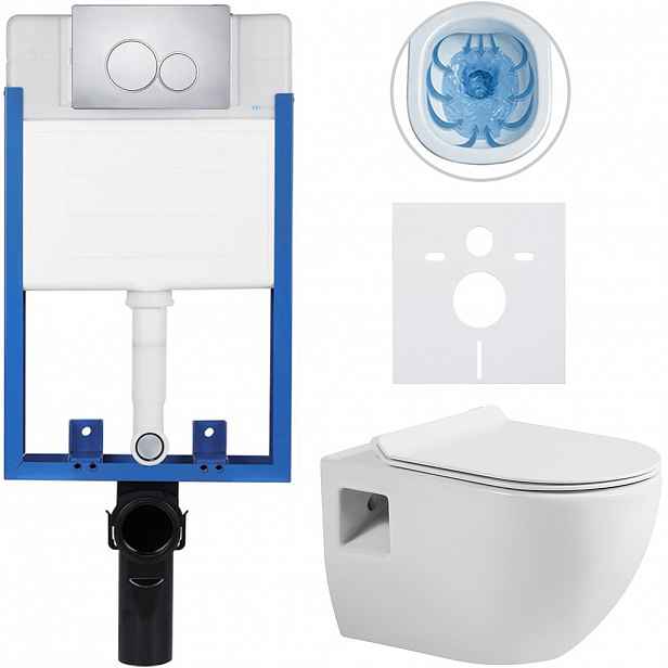 Kompletní WC set Profi/Dure - bílá lesklá - WC tlačítko Duo/Chrom - pro zazdění - 51x35 cm