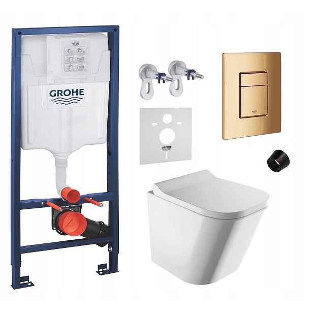 Podomítkový Wc set Grohe s mísou Fontana Rimless a zlatým tlačítkem