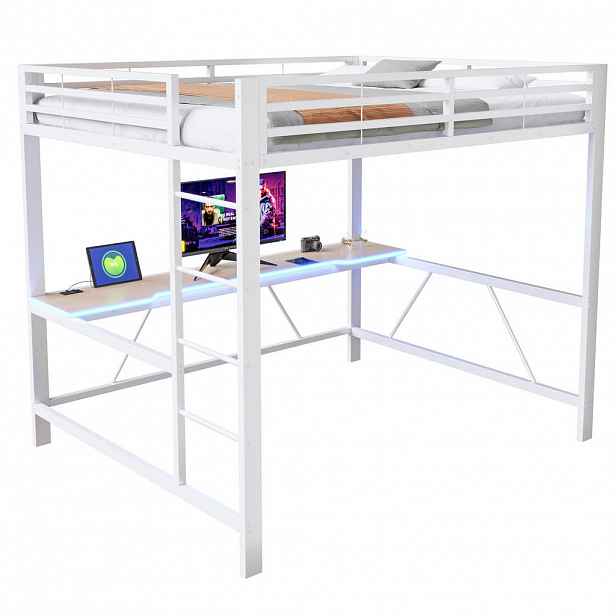 CHICFURN VYVÝŠENÁ POSTEL 160/200 cm v bílé barvě s LED osvětlením, USB nabíjením a psacím stolem