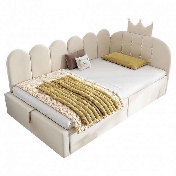 OKWISH DENNÍ postel 90/200 cm béžová z sametu s úložným prostorem a korunkovým čelem