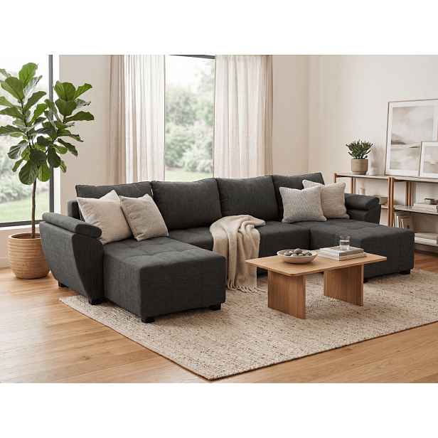 AKCE Rozkládací sedací souprava do U LIVARO 305x140 cm, tmavě šedá II. jakost