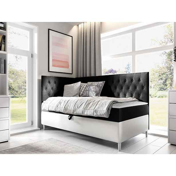 Boxspringová jednolůžková postel 100x200 PORFIRO 3 - bílá ekokůže / černá, levé provedení + topper ZDARMA