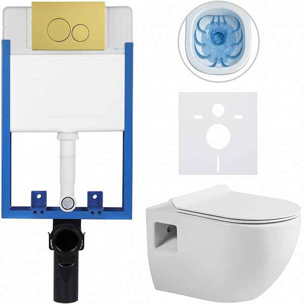 Kompletní WC set Profi/Dure - bílá lesklá - WC tlačítko Duo/Zlatá - pro zazdění - 51x35 cm