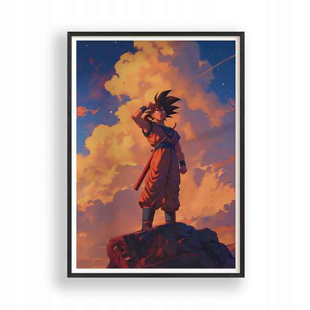 Obraz Dragon Ball Bojovník Goku Plakát Rámeček Dřevěný Černý 30x42 cm
