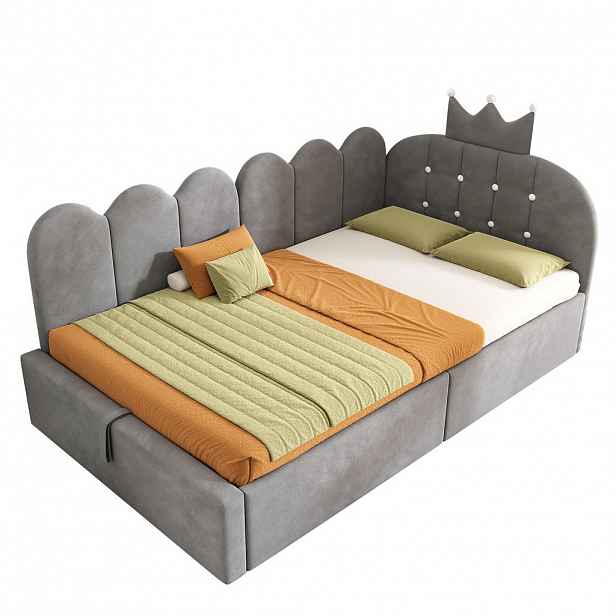 OKWISH POSTEL s úložným prostorem 90/200 cm šedá z sametu s korunkovým čelem a bočním L tvarem