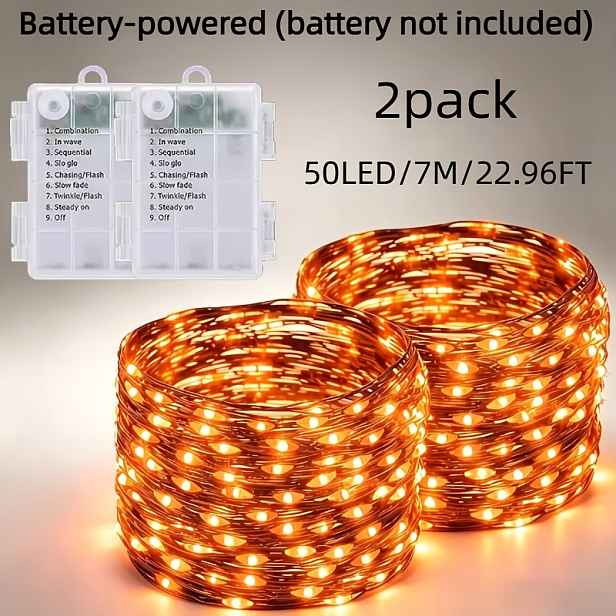 TEMU 2-balení světelných řetězů, měděný drát s na baterie, 50/100/300 LED diod, vhodné pro Halloween, Vánoce, s 8 režimy, vhodné pro pokoj, dvůr,