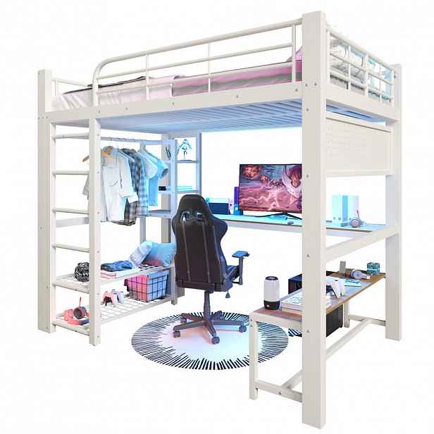 CHICFURN VYVÝŠENÁ POSTEL 140/200 cm v bílé barvě s LED osvětlením, stolem a policemi