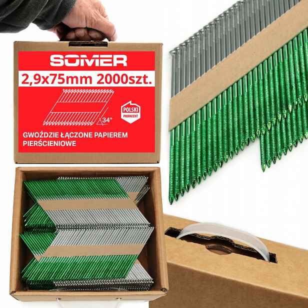 Hřebíky do hřebíkovačky 2,8x75mm 2000ks 34° kroužkové spojené papírem