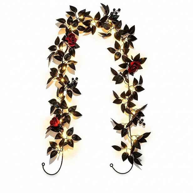 TEMU 1 sada halloweenských dekorativních řetězových světel, černé růžové + sametové červené růže + 30-LED teplá bílá řetězová světla, 175 cm/5,74