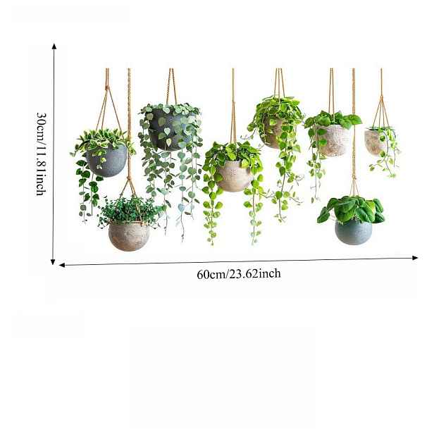 TEMU 2D plochá - 2D plochá - Závěsná kombinace zelených rostlin v květináčích ve skandinávském stylu 2D plochá skleněná samolepka Dekorace do