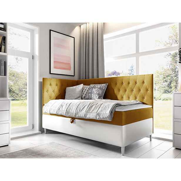 Boxspringová jednolůžková postel 100x200 PORFIRO 3 - bílá ekokůže / žlutá, levé provedení + topper ZDARMA