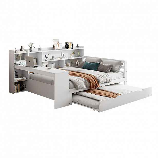 CHICFURN POSTEL 140/200 cm v bílé barvě s výsuvným lůžkem, psacím stolem a USB