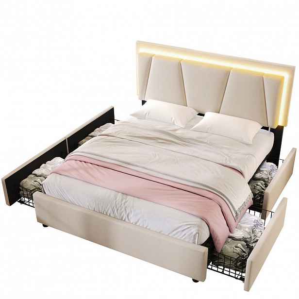 OKWISH POSTEL s úložným prostorem 160/200 cm béžová z lnu a dřeva s LED osvětlením a nastavitelným čelem
