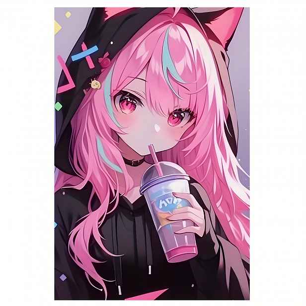 TEMU 2D Plochý, Plakáty a Tisky, 1ks Nerámovaný Růžový Anime Dívka Plátěný Plakát - 12"x18" Kočičí Uši s Mikinou Design, Vysoce Kvalitní Tisk na