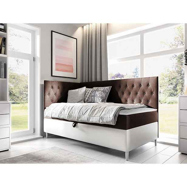 Boxspringová jednolůžková postel 100x200 PORFIRO 3 - bílá ekokůže / hnědá 1, levé provedení + topper ZDARMA