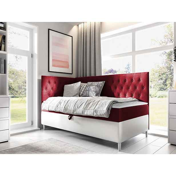 Boxspringová jednolůžková postel 100x200 PORFIRO 3 - bílá ekokůže / červená, levé provedení + topper ZDARMA
