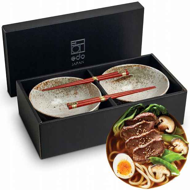 Sada keramiky světlých orientálních misek 17 cm na polévku Udon s tyčinkami Hikari