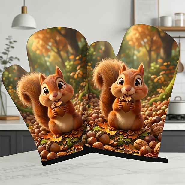 TEMU 2ks 27x17cm Rukavice do trouby s závěsným designem, podzimní listí na pozadí s vzorem hnědé veverky, kuchyňské rukavice do trouby vhodné pro