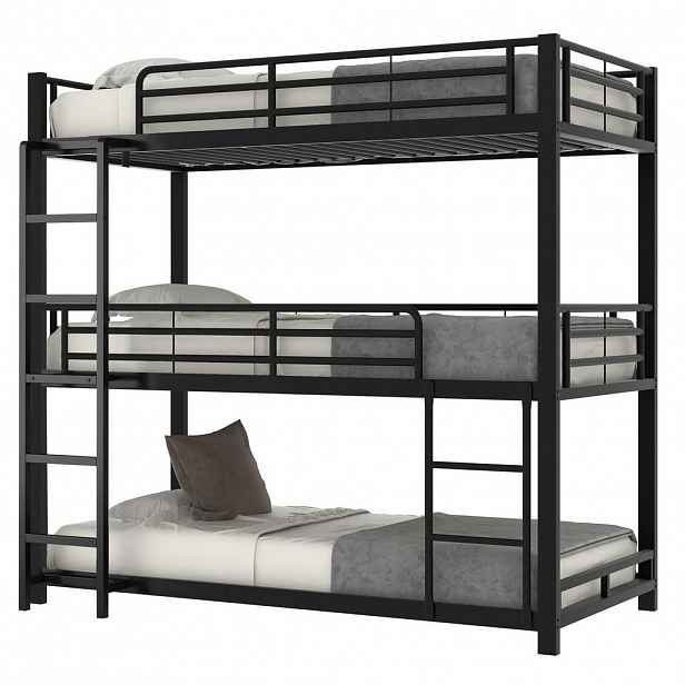 OKWISH TROJLŮŽKOVÁ palanda 90/200 cm Černá kovová postel s madly