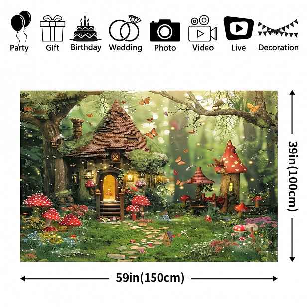 TEMU 1ks Velká Dekorace na Zeď s Kouzelného Lesa - Odolný Polyester s Živým Designem Stromového Domku, Motýlů & Červených , Není Potřeba, Otvory pro