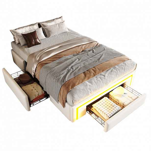 CHICFURN ČALOUNĚNÁ POSTEL 90/200 cm v bílé barvě se zásuvkami a LED osvětlením