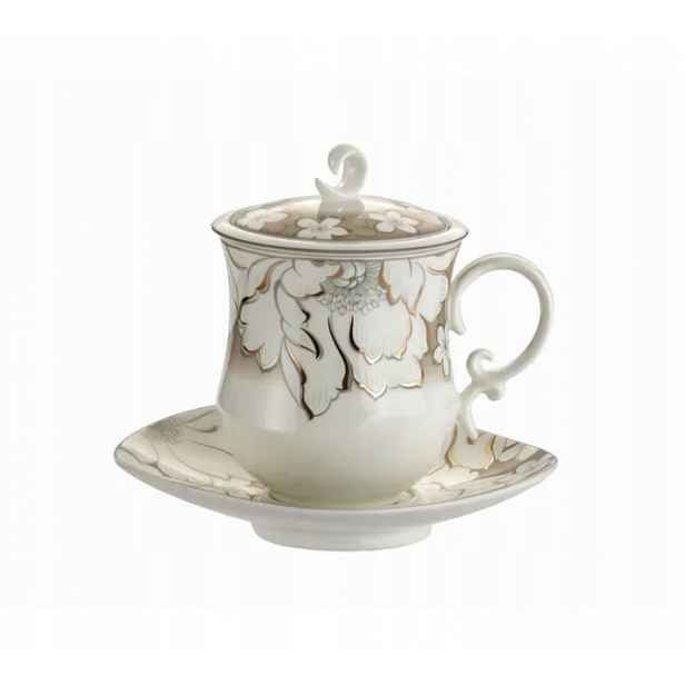 Šálek s konvičkou porcelánový víko podšálek sítko 380 ml na čajové bylinky