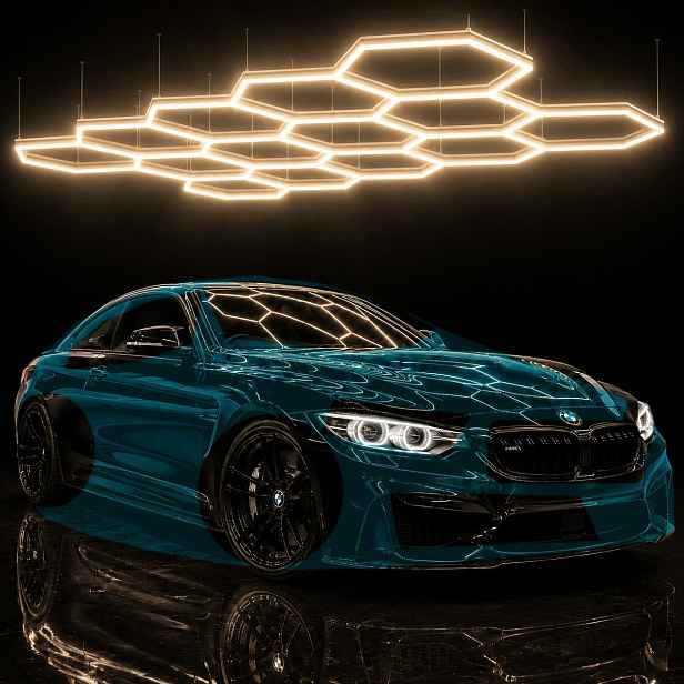 Silný černý stropní svítidlo Led Hexagon 14 399W 4000K 229x394 cm, myčka aut