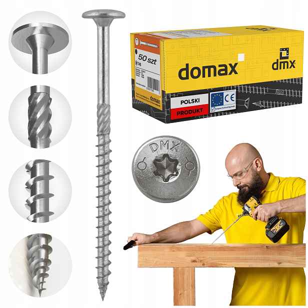 Tesařské Vruty 8x320 Talířové Torx 50 ks Do Dřeva Domax Ct Stříbrné