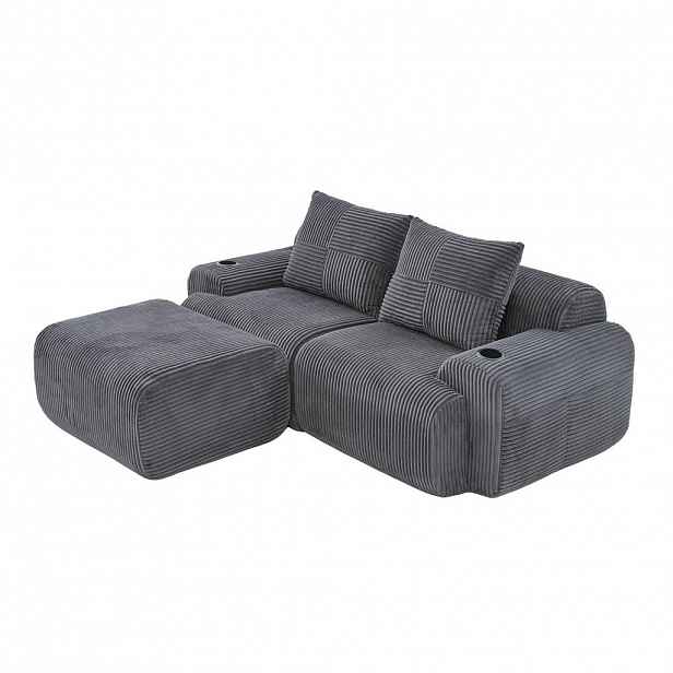 OKWISH MODULÁRNÍ pohovka 200/174/80 cm tmavě šedá z manšestrové látky s držákem nápojů a kapsou