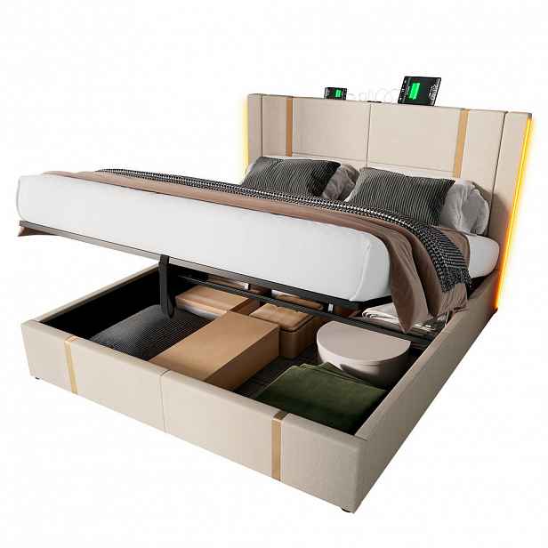 CHICFURN ČALOUNĚNÁ POSTEL 140/200 cm v béžové barvě s úložným prostorem, LED, USB a Type-C