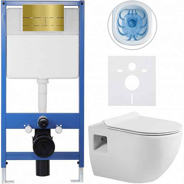 Kompletní WC set Profi/Dure - bílá lesklá - WC tlačítko Line/Zlatá - předstěnová instalace - 51x35 cm