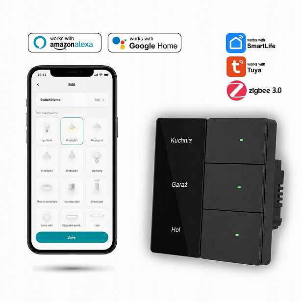 Nástěnný vypínač černý Zigbee Tuya, trojité zobrazení názvů místností