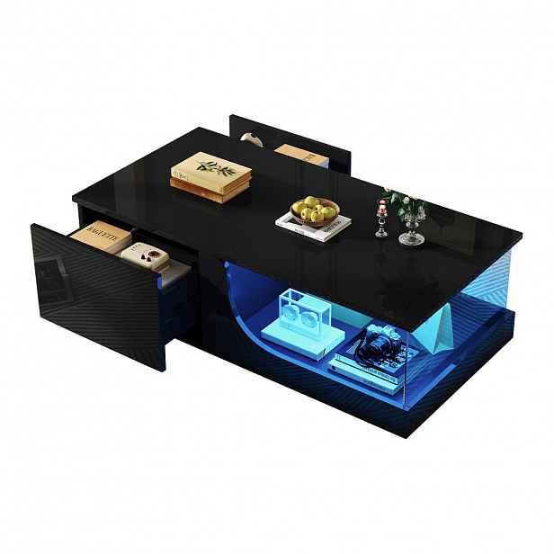 OKWISH KONFERENČNÍ stolek 100/50/30 cm černý z MDF a tvrzeného skla se 2 zásuvkami a LED